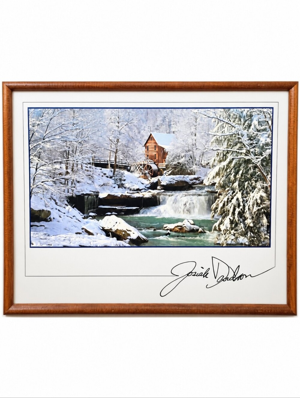 Vintage Signed Scenic Winter Watermill Framed Art Print by Josiah Davidson